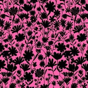 Medium - Silhouette flowers - black and Hot Pink - Painterly meadow floral