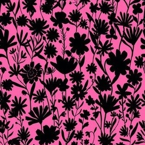 Small - Silhouette flowers - black and Hot Pink - Painterly meadow floral