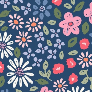 Botanical garden daisies flowers and leaves pink blue green red on navy blue - EXTRA LARGE SCALE