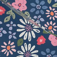 Botanical garden daisies flowers and leaves pink blue green red on navy blue - LARGE SCALE