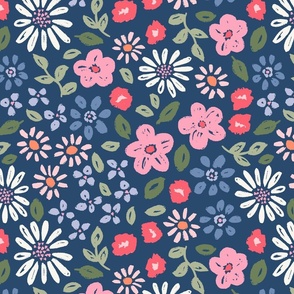 Botanical garden daisies flowers and leaves pink blue green red on navy blue - LARGE SCALE