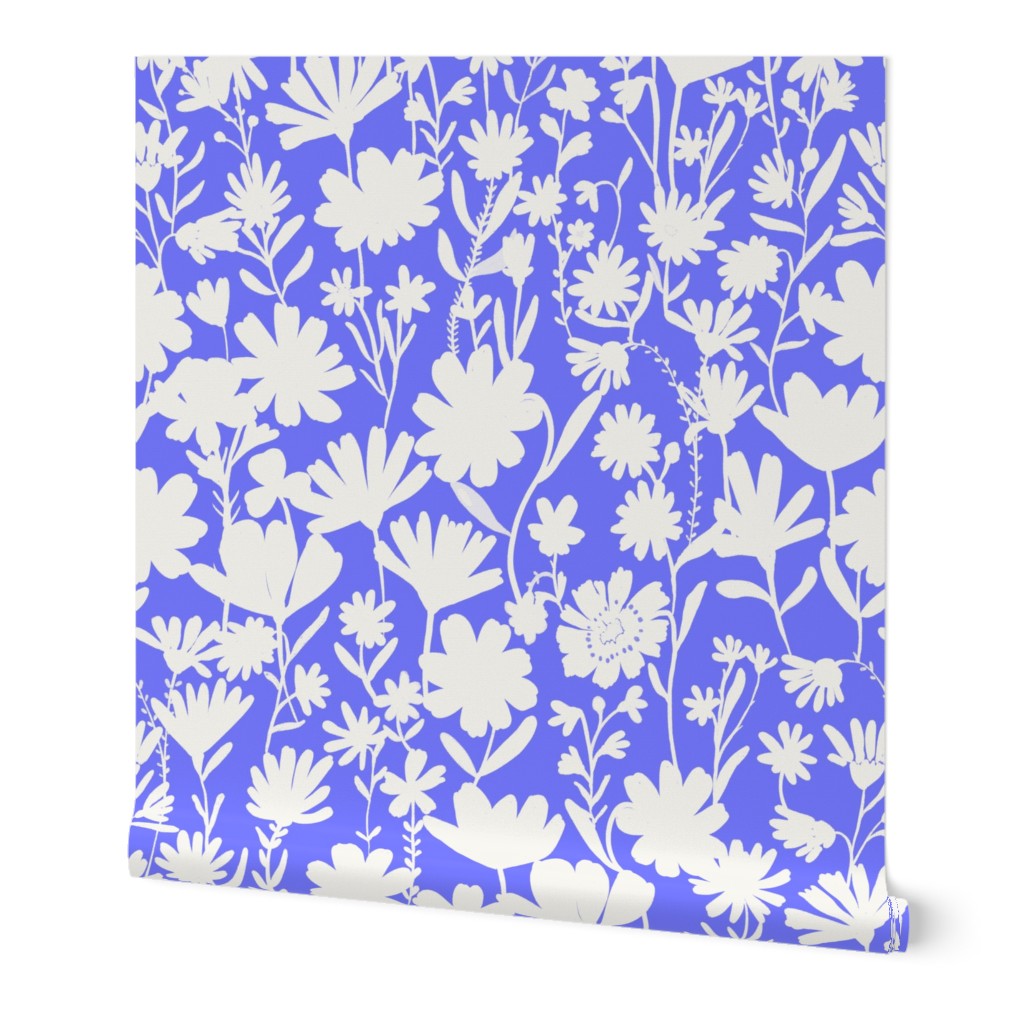 Large - Silhouette flowers - soft white and Crocus Blue - Painterly meadow floral