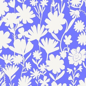 Large - Silhouette flowers - soft white and Crocus Blue - Painterly meadow floral