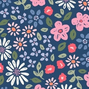 Botanical garden daisies flowers and leaves pink blue green red on navy blue - MEDIUM SCALE
