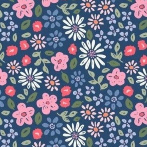 Botanical garden daisies flowers and leaves pink blue green red on navy blue - SMALL SCALE