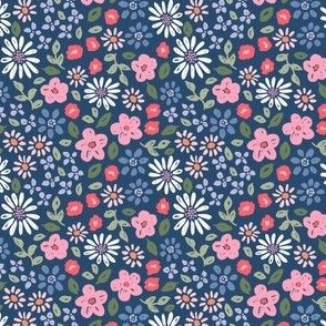 Botanical garden daisies flowers and leaves pink blue green red on navy blue - EXTRA SMALL SCALE