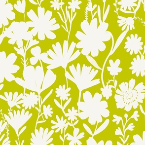 Large - Silhouette flowers - soft white and Cyber Lime green - Painterly meadow floral