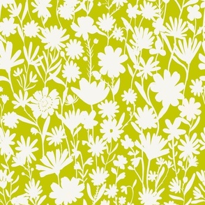 Medium - Silhouette flowers - soft white and Cyber Lime green - Painterly meadow floral