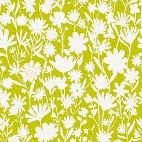 Small - Silhouette flowers - soft white and Cyber Lime green - Painterly meadow floral