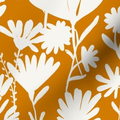 Large - Silhouette flowers - soft white and Desert Sun dark orange yellow - Painterly meadow floral