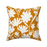 Large - Silhouette flowers - soft white and Desert Sun dark orange yellow - Painterly meadow floral