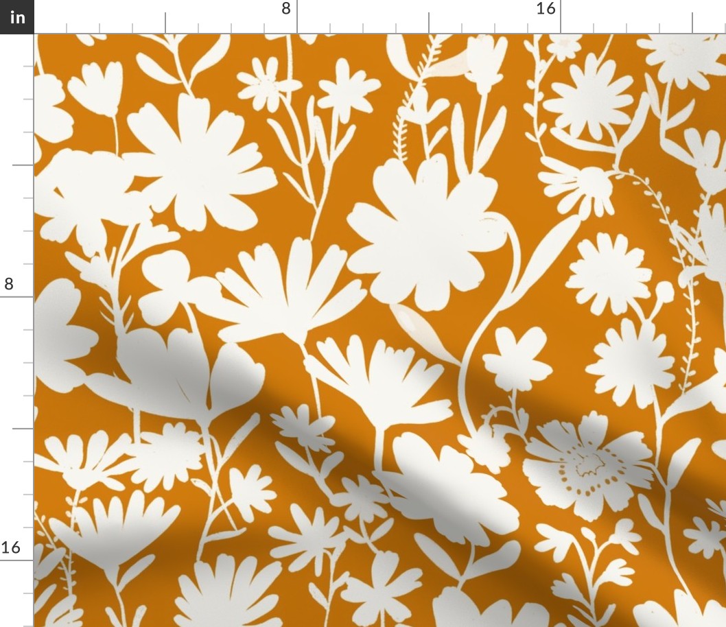 Large - Silhouette flowers - soft white and Desert Sun dark orange yellow - Painterly meadow floral
