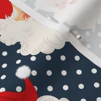 Large Scale Santa Claus with Red Hats on Festive Navy Polkadots
