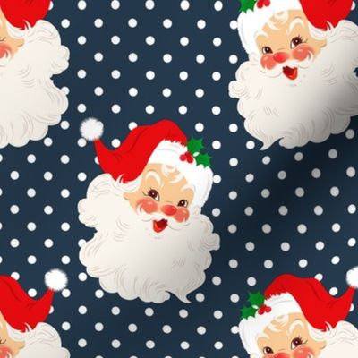 Large Scale Santa Claus with Red Hats on Festive Navy Polkadots