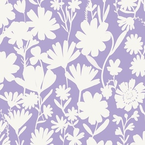 Large - Silhouette flowers - soft white and Digital Lavender purple lilac - Painterly meadow floral