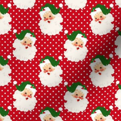 Medium Scale Santa Claus with Green Hats on Festive Red Polkadots