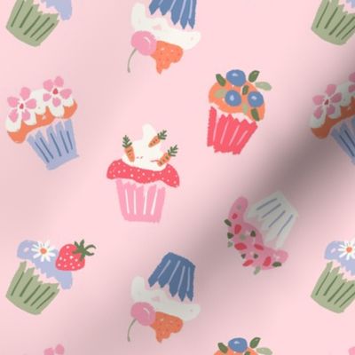 Festive party cupcakes fruit flowers blue green red on pink - SMALL SCALE