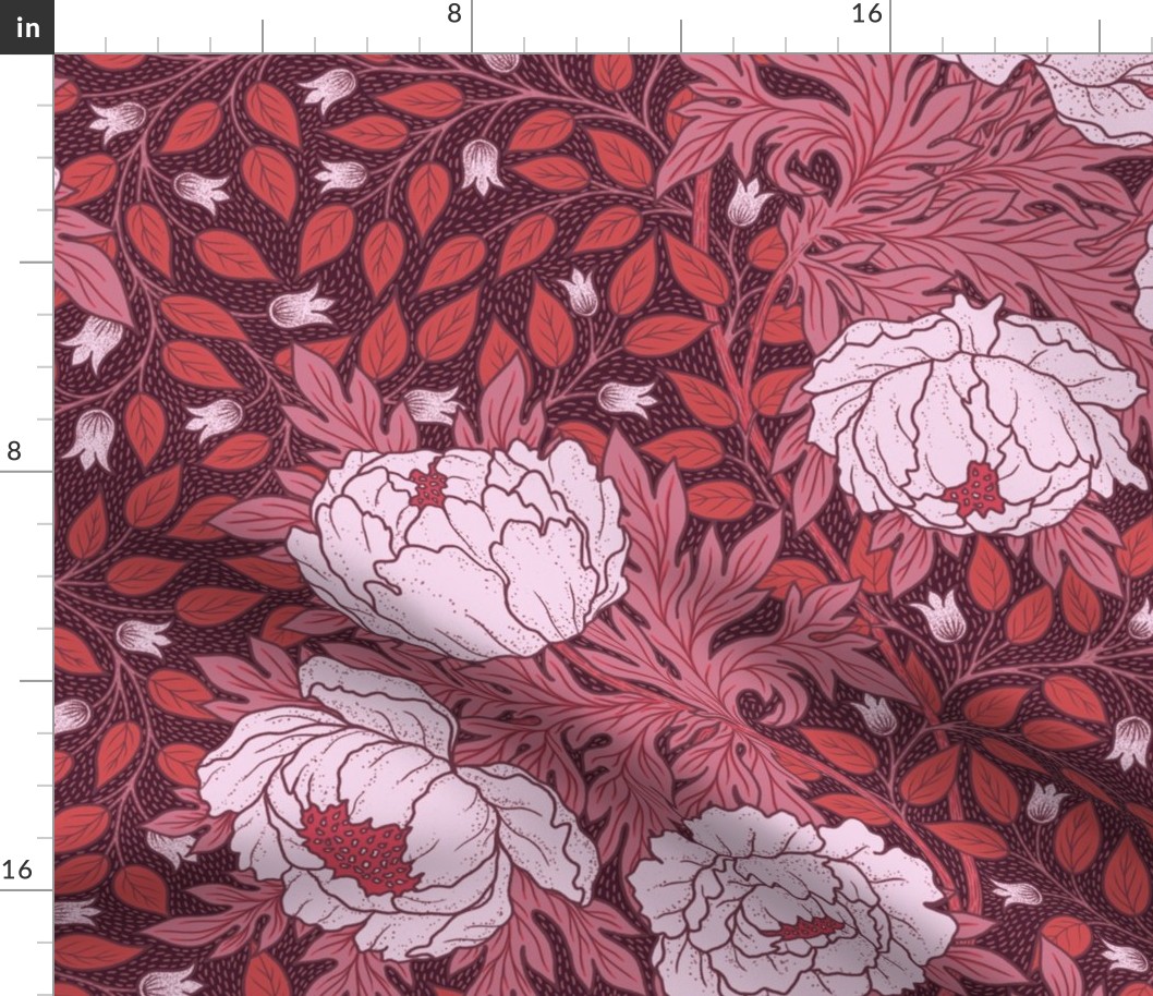 Art Nouveau Peony red on burgundy background L scale