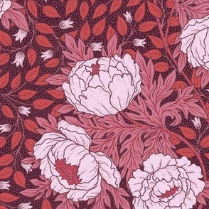 Art Nouveau Peony red on burgundy background M scale