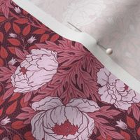 Art Nouveau Peony red on burgundy background S scale