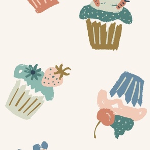 Festive party cupcakes fruit flowers blue teal green blush rust on cream - EXTRA LARGE SCALE