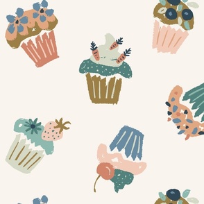 Festive party cupcakes fruit flowers blue teal green blush rust on cream - LARGE SCALE