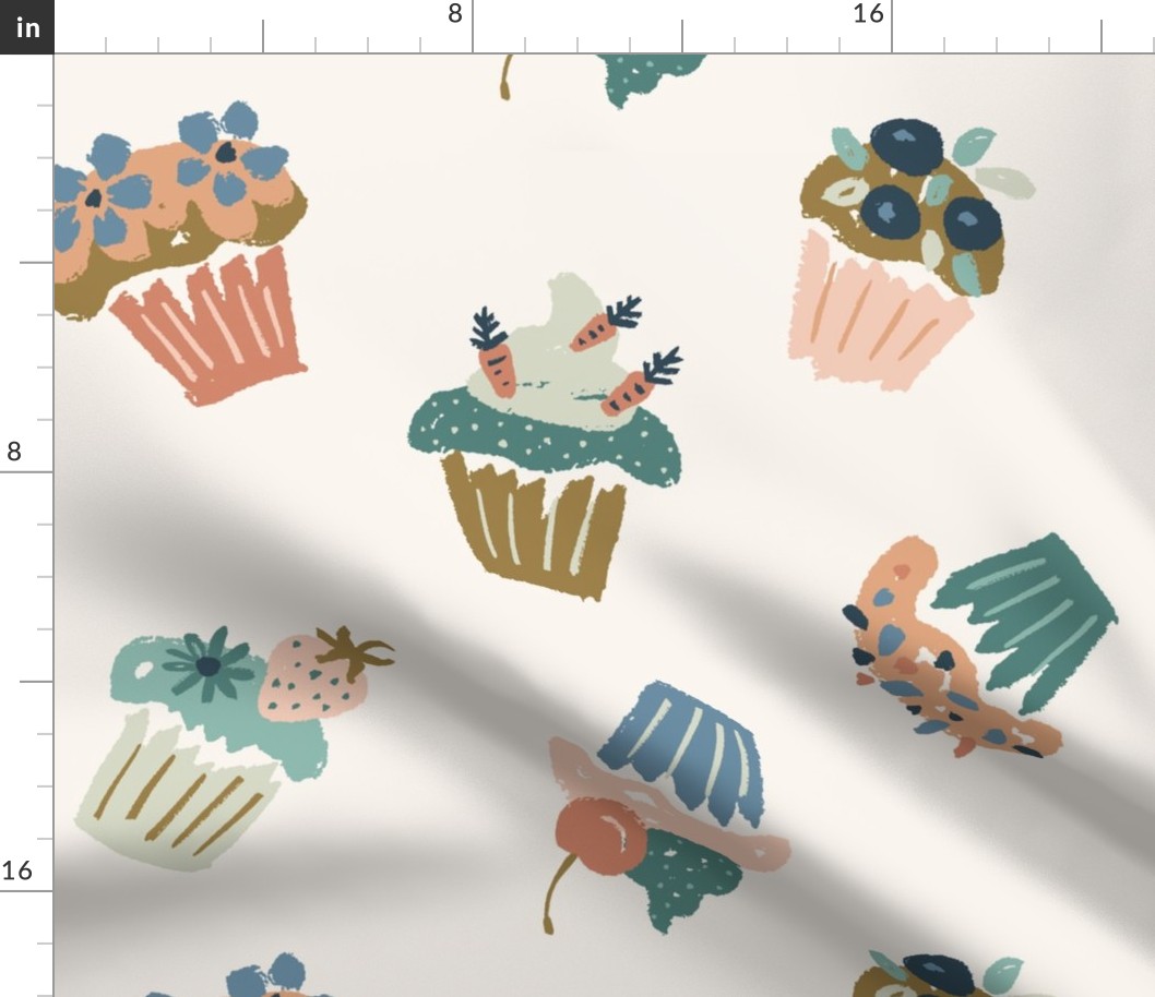 Festive party cupcakes fruit flowers blue teal green blush rust on cream - LARGE SCALE
