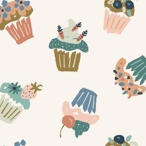 Festive party cupcakes fruit flowers blue teal green blush rust on cream - SMALL SCALE