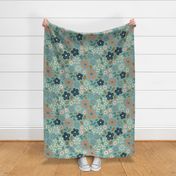 Botanical garden daisies flowers and leaves cream blue rust pink on green - EXTRA LARGE SCALE