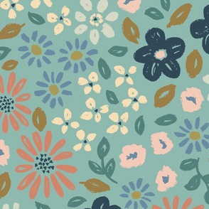 Botanical garden daisies flowers and leaves cream blue rust pink on green - EXTRA LARGE SCALE