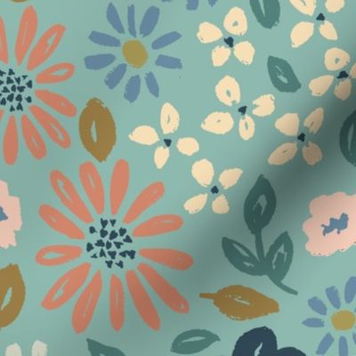 Botanical garden daisies flowers and leaves cream blue rust pink on green - LARGE SCALE