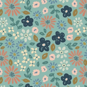 Botanical garden daisies flowers and leaves cream blue rust pink on green - LARGE SCALE