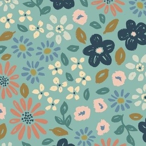 Botanical garden daisies flowers and leaves cream blue rust pink on green - MEDIUM SCALE