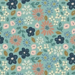 Botanical garden daisies flowers and leaves cream blue rust pink on green - SMALL SCALE