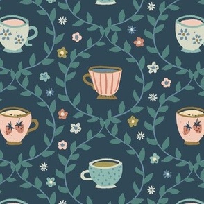 Spring garden tea party floral strawberry leaves blush pink green chartreuse on teal blue - MEDIUM SCALE