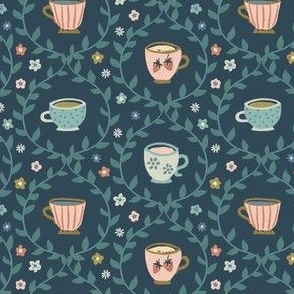 Spring garden tea party floral strawberry leaves blush pink green chartreuse on teal blue - SMALL SCALE