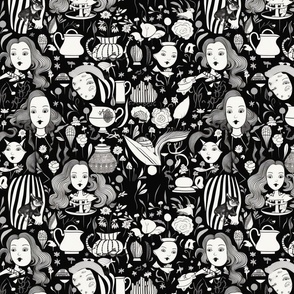 Black and white Alice in Wonderland inspired by aubrey beardsley