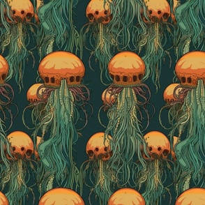 orange skull jellyfish with green 
