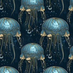 aqua blue art  nouveau jellyfish under the sea