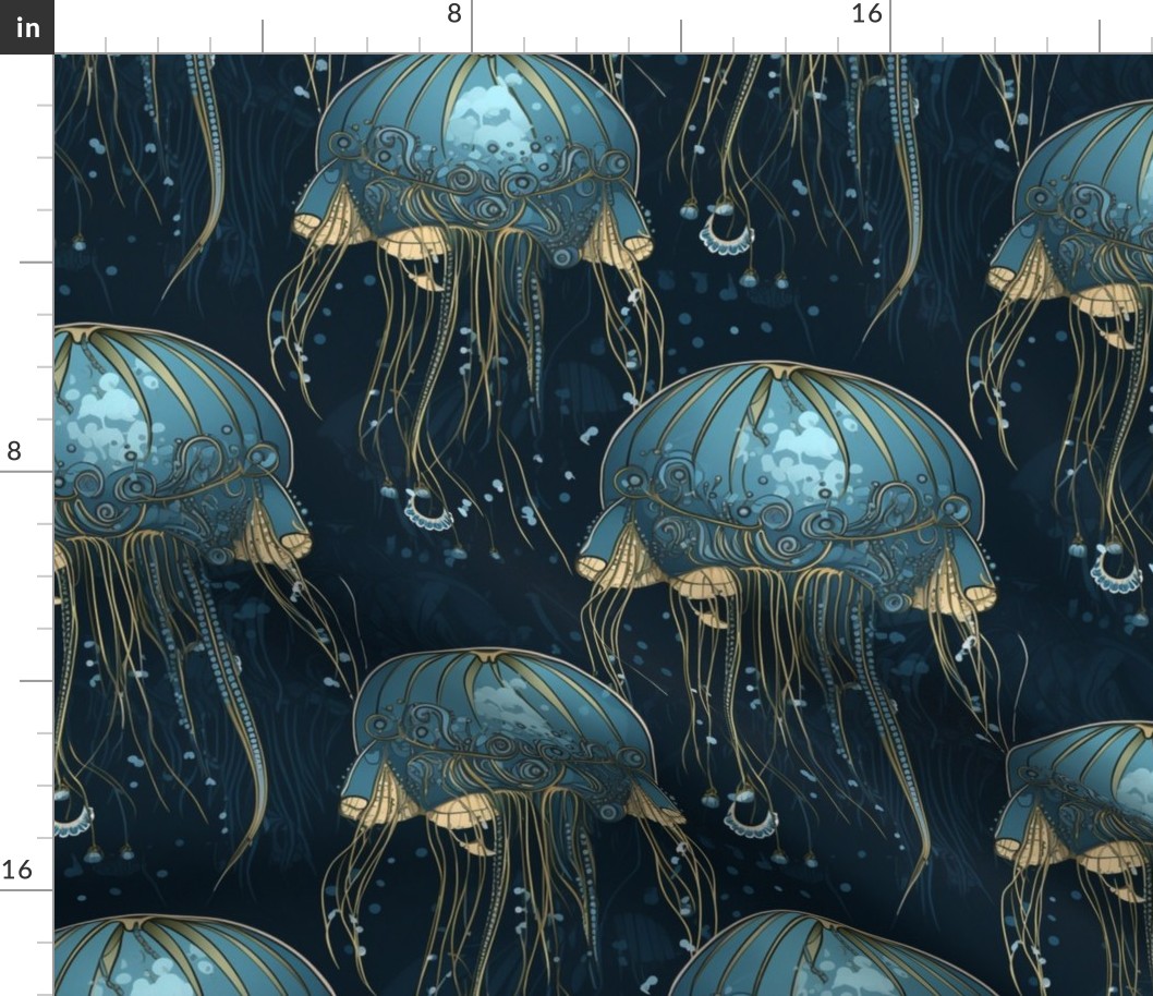 aqua blue art  nouveau jellyfish under the sea