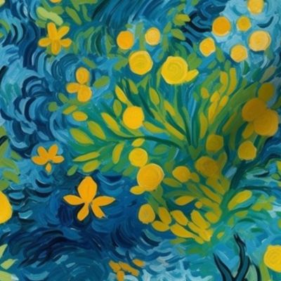 blue green and yellow forest botanical inspired by vincent van gogh