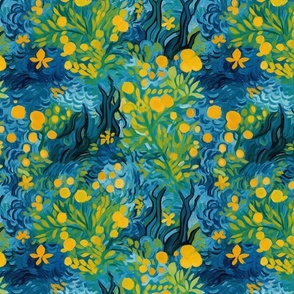 blue green and yellow forest botanical inspired by vincent van gogh