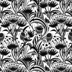 black and white botanical print inspired by aubrey beardsley