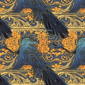 Art Nouveau Crow raven corvid in gold and orange