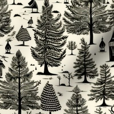 christmas fir tree forest inspired by aubrey beardsley