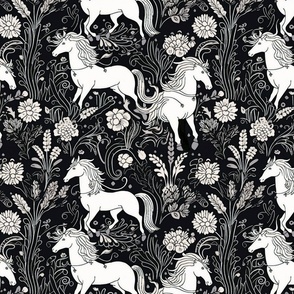 horses in black and white inspired by aubrey beardsley