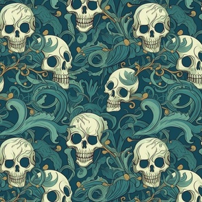 skull in art nouveau teal and white