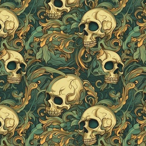 art nouveau skulls in green and gold