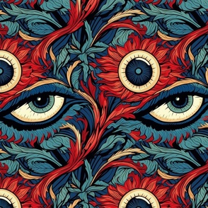 art nouveau feathers eyes in teal and red
