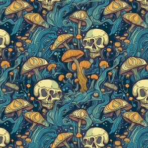 psychedelic teal and orange mushroom gothic skull fun